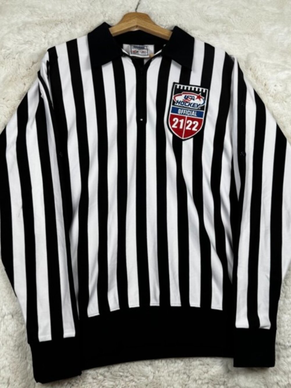 Force Hockey Referee Jersey Long Sleeve Striped Zip Neck Armband Snaps Men's 44